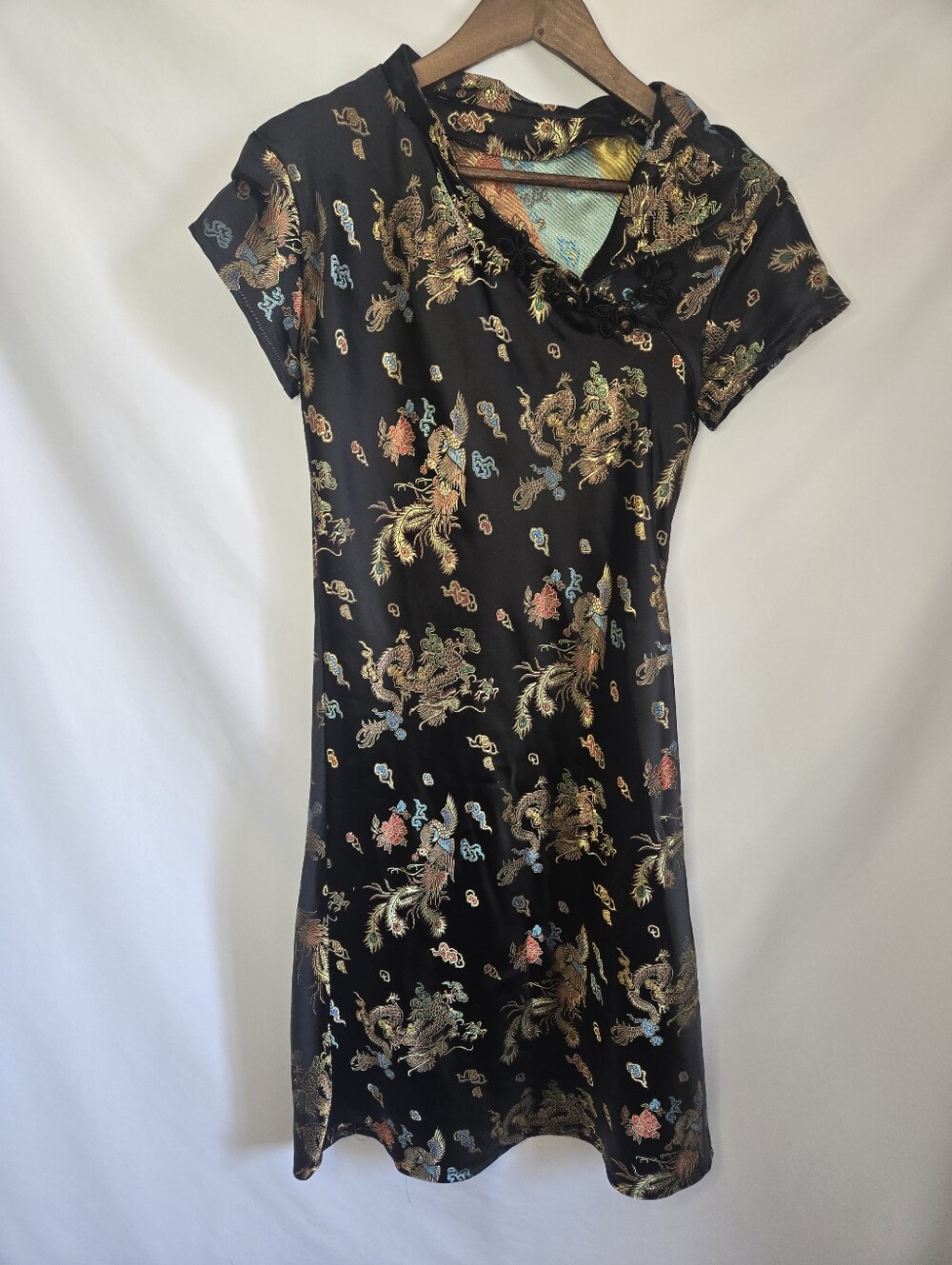 Black Dragon Phoenix Qipao Dress Asian Mandarin Collar Y2K S